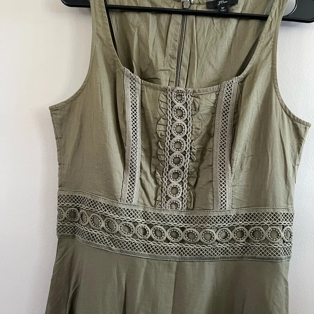J. Crew Olive Green Midi Dress with Lace Trim